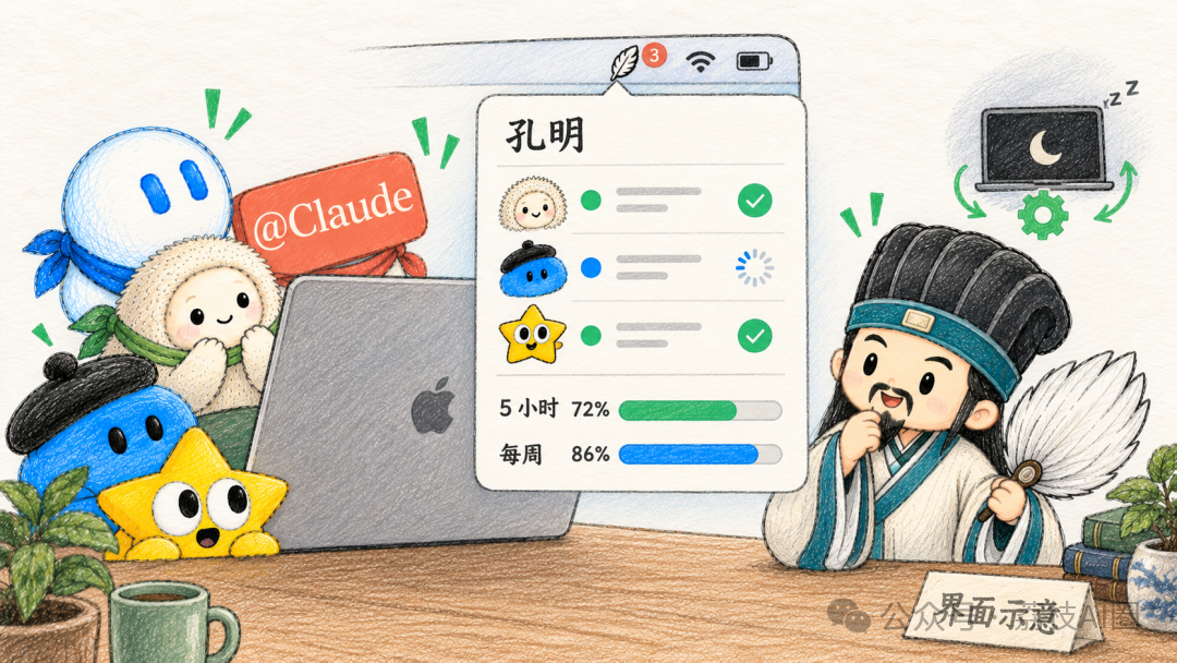 孔明菜单栏面板与羽扇图标的设计插画