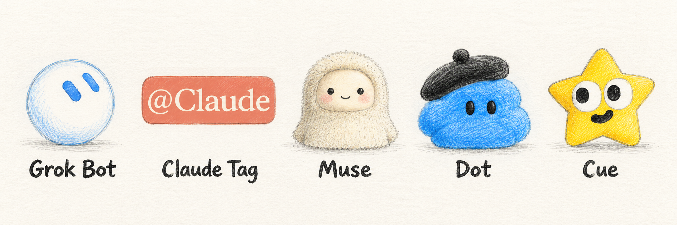 Grok Bot、Claude Tag、Muse、Dot 与 Cue 的手绘形象